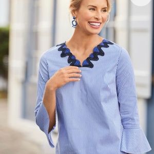 NWT Talbots Embroidered Rick Rack Trim Top Blouse Bell Sleeves XL Striped Brand